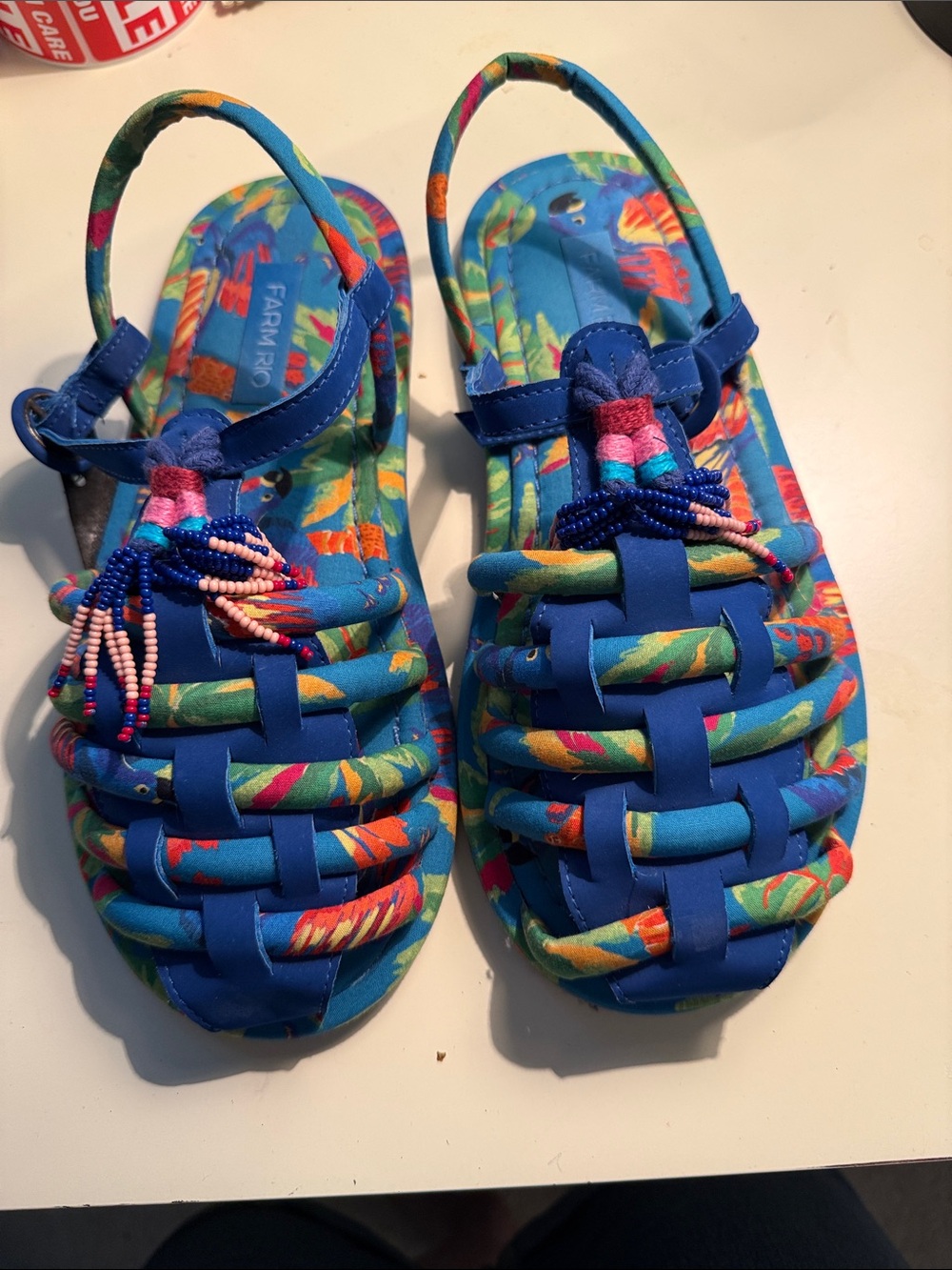 FARM Rio Blue Multicolor Woven Beaded Slingback Sandals